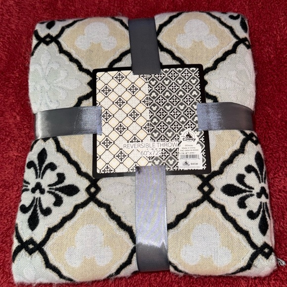 New Disney Reversible Mickey Print Homestead Throw Gray and Black and Cream